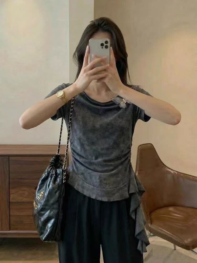 사람들 면 벨트 나비 매듭 여름 불규칙 나비 반팔 티셔츠 슬림해 보이는 품격 다용도 프랑스식 연꽃 잎 맨위 상세 이미지 2