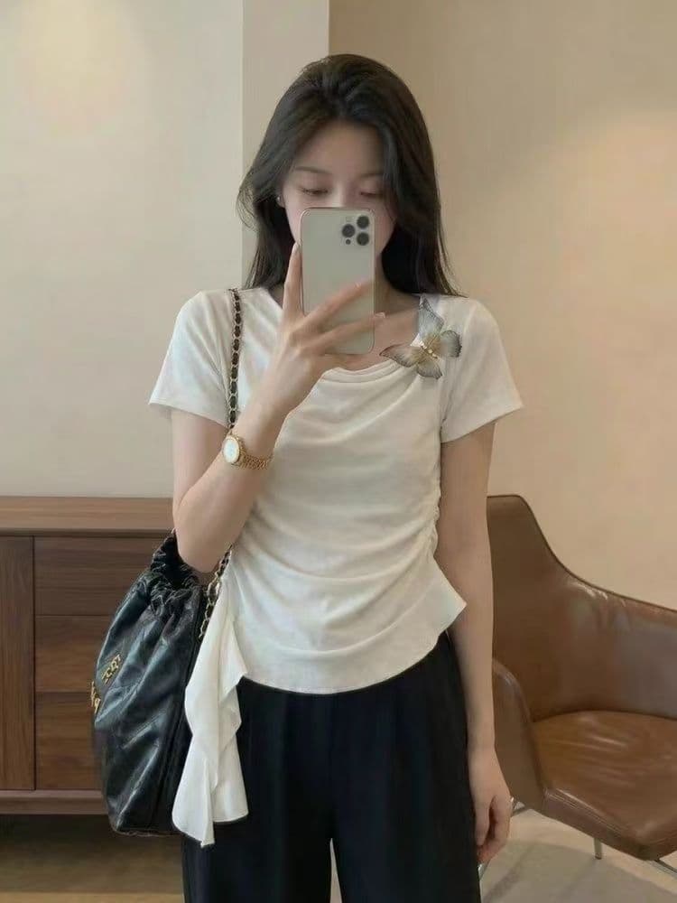 사람들 면 벨트 나비 매듭 여름 불규칙 나비 반팔 티셔츠 슬림해 보이는 품격 다용도 프랑스식 연꽃 잎 맨위 상세 이미지 4
