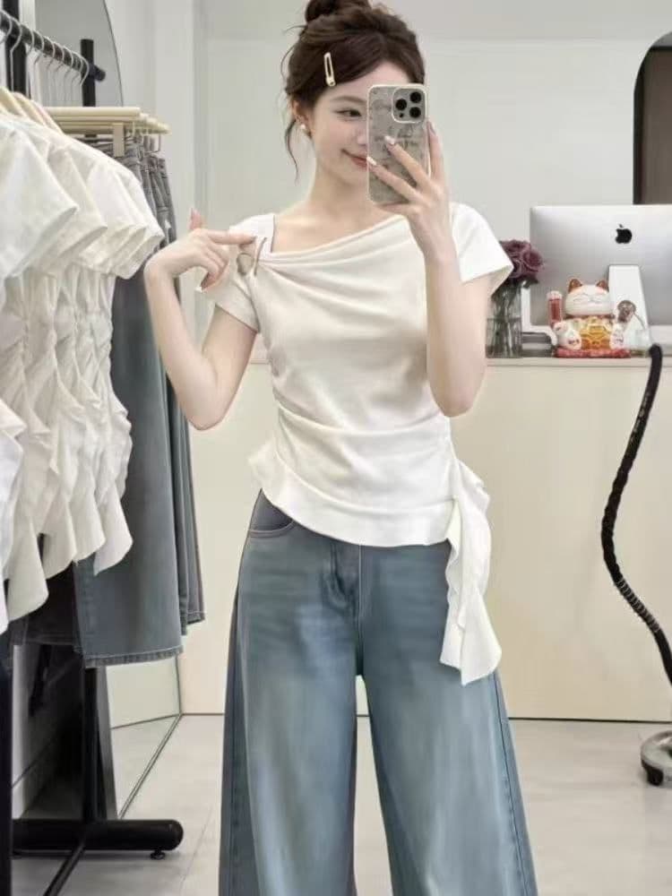 사람들 면 벨트 나비 매듭 여름 불규칙 나비 반팔 티셔츠 슬림해 보이는 품격 다용도 프랑스식 연꽃 잎 맨위 상세 이미지 6