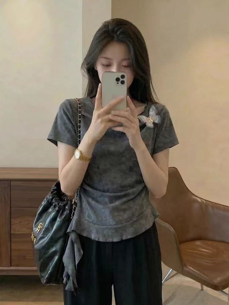 사람들 면 벨트 나비 매듭 여름 불규칙 나비 반팔 티셔츠 슬림해 보이는 품격 다용도 프랑스식 연꽃 잎 맨위 상세 이미지 7