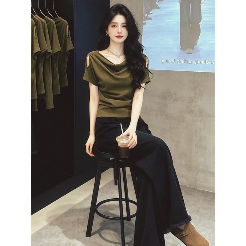 한국 대외 무역 빅 사이즈 흔들다 칼라 미니멀리즘 오프숄더 몸매 가꾸기 반팔 티셔츠 여성 2026 새로운 여름 맨위 이미지 3