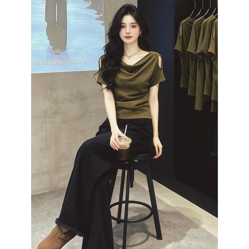 한국 대외 무역 빅 사이즈 흔들다 칼라 미니멀리즘 오프숄더 몸매 가꾸기 반팔 티셔츠 여성 2026 새로운 여름 맨위 이미지 5