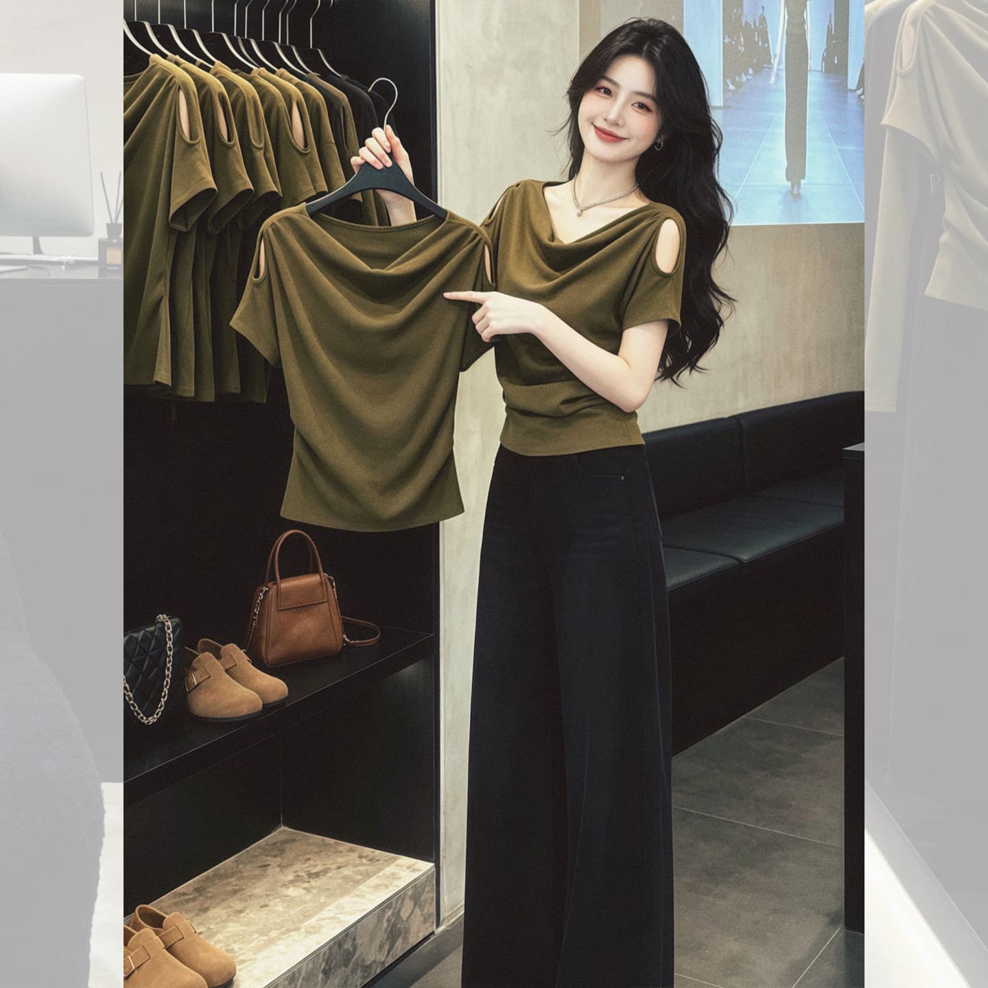 한국 대외 무역 빅 사이즈 흔들다 칼라 미니멀리즘 오프숄더 몸매 가꾸기 반팔 티셔츠 여성 2026 새로운 여름 맨위 상세 이미지 2