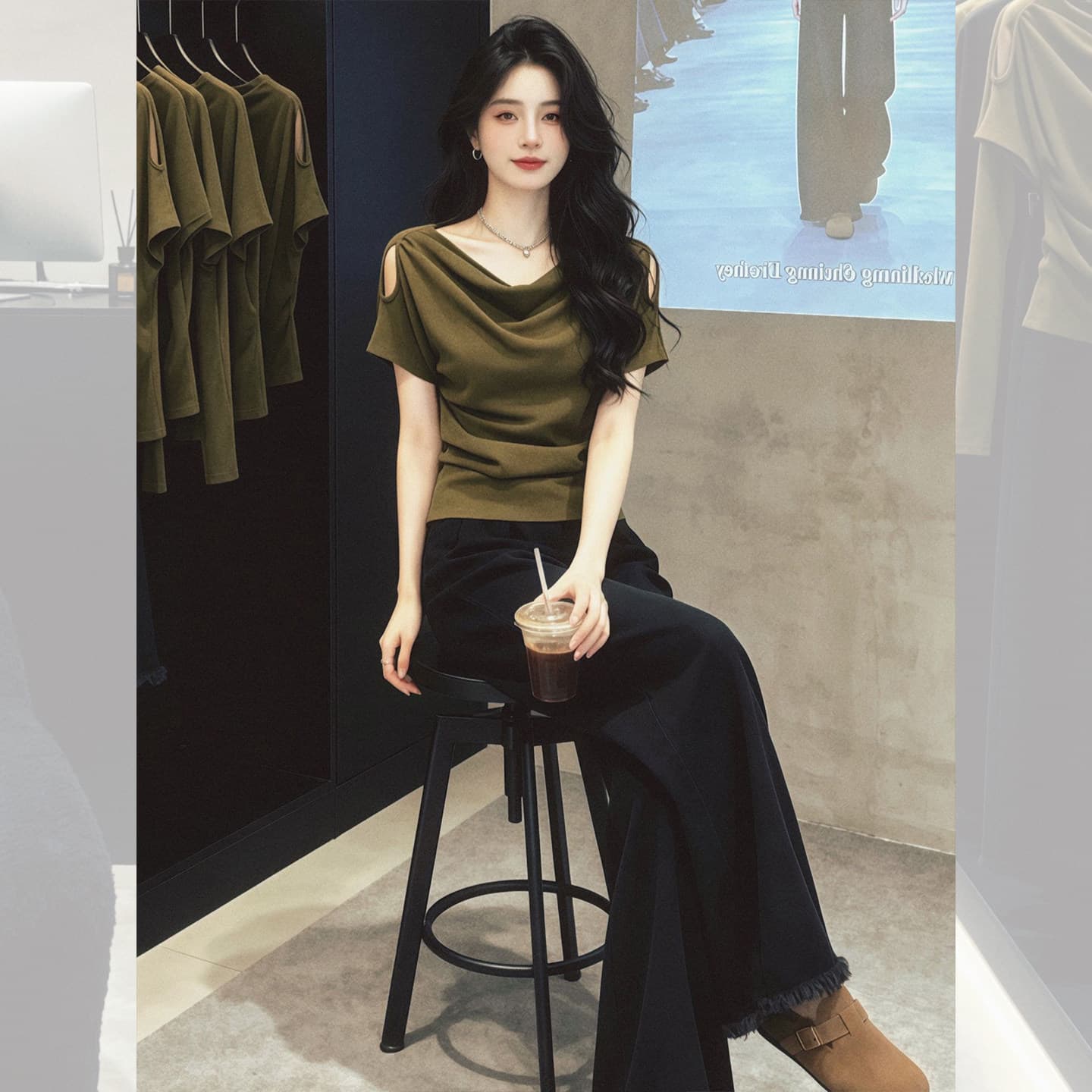 한국 대외 무역 빅 사이즈 흔들다 칼라 미니멀리즘 오프숄더 몸매 가꾸기 반팔 티셔츠 여성 2026 새로운 여름 맨위 상세 이미지 5