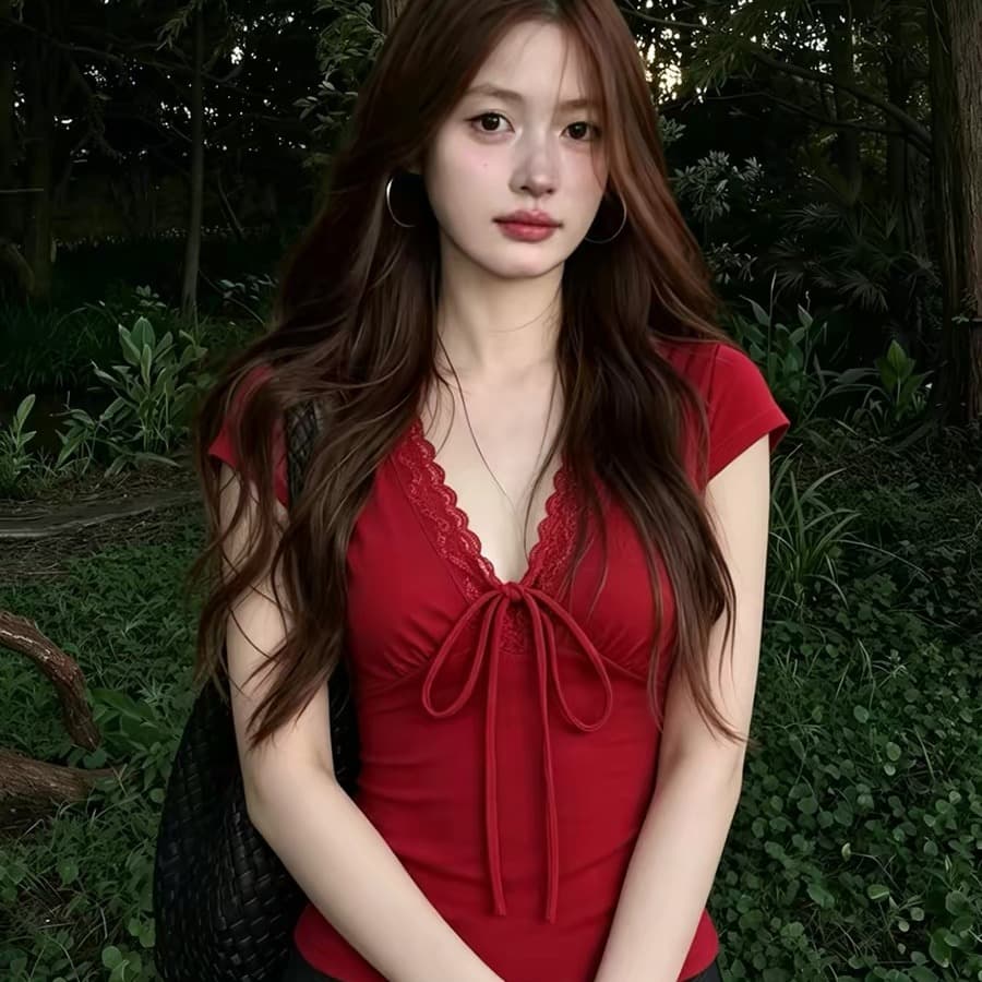 빨간색 레이스 조각 V넥 레이스업 몸매 가꾸기 반팔 티셔츠 여성 2026 여름 도파민 해변가 착용 잡아라. 의류 이미지 5