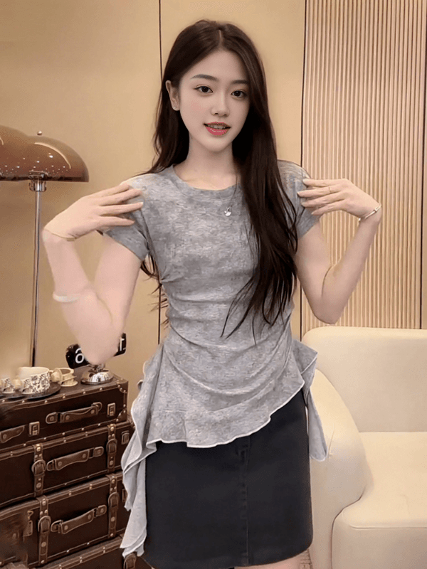 40 고급 빗질된 면 아메리칸 핫걸 홀치기 염색 반팔 티셔츠 여성 여름 불규칙 프릴 작은 셔츠 맨위 상세 이미지 2