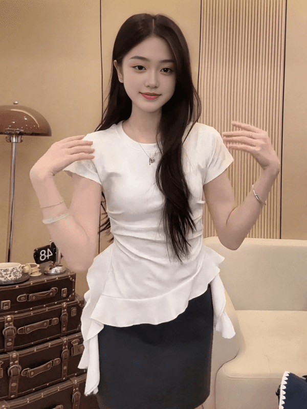 40 고급 빗질된 면 아메리칸 핫걸 홀치기 염색 반팔 티셔츠 여성 여름 불규칙 프릴 작은 셔츠 맨위 상세 이미지 3