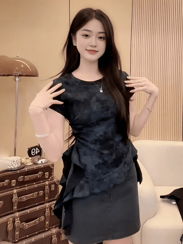 40 고급 빗질된 면 아메리칸 핫걸 홀치기 염색 반팔 티셔츠 여성 여름 불규칙 프릴 작은 셔츠 맨위 상세 이미지 4