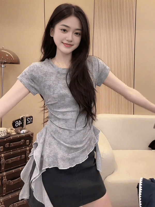 40 고급 빗질된 면 아메리칸 핫걸 홀치기 염색 반팔 티셔츠 여성 여름 불규칙 프릴 작은 셔츠 맨위 상세 이미지 5