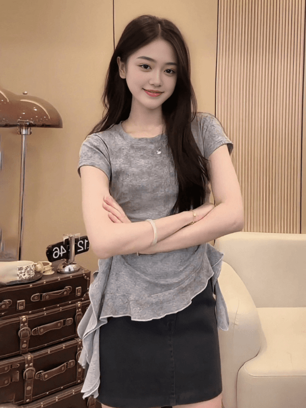 40 고급 빗질된 면 아메리칸 핫걸 홀치기 염색 반팔 티셔츠 여성 여름 불규칙 프릴 작은 셔츠 맨위 상세 이미지 6