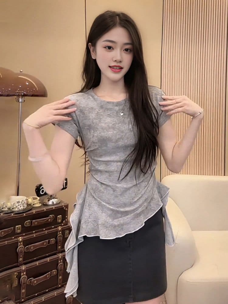40 고급 빗질된 면 아메리칸 핫걸 홀치기 염색 반팔 티셔츠 여성 여름 불규칙 프릴 작은 셔츠 맨위 상세 이미지 7
