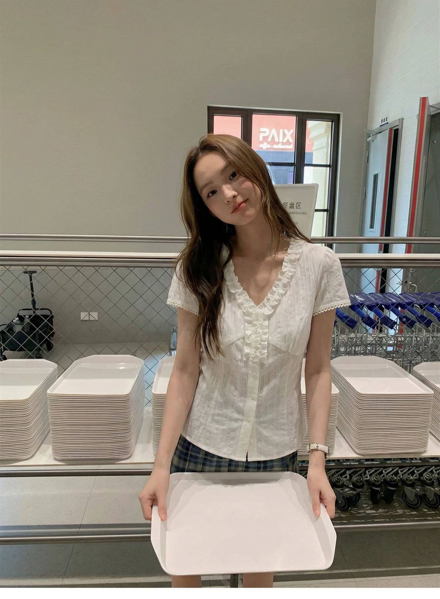 한 부서 자이언트 잘 생긴 프릴 화이트 V넥 반팔 여성 셔츠 여름 새로운 허리 수축 셔츠 맨위 상세 이미지 2