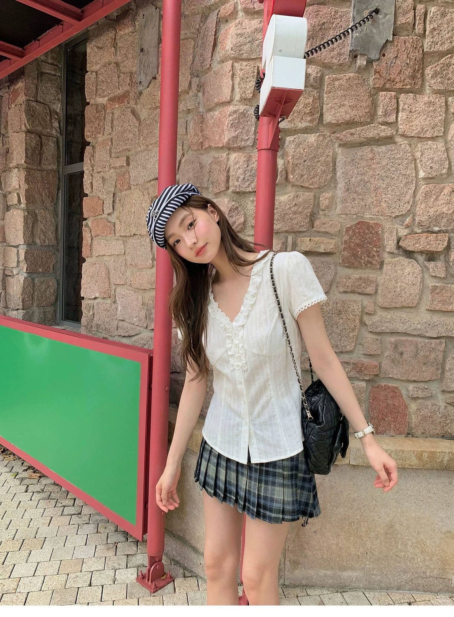 한 부서 자이언트 잘 생긴 프릴 화이트 V넥 반팔 여성 셔츠 여름 새로운 허리 수축 셔츠 맨위 상세 이미지 3
