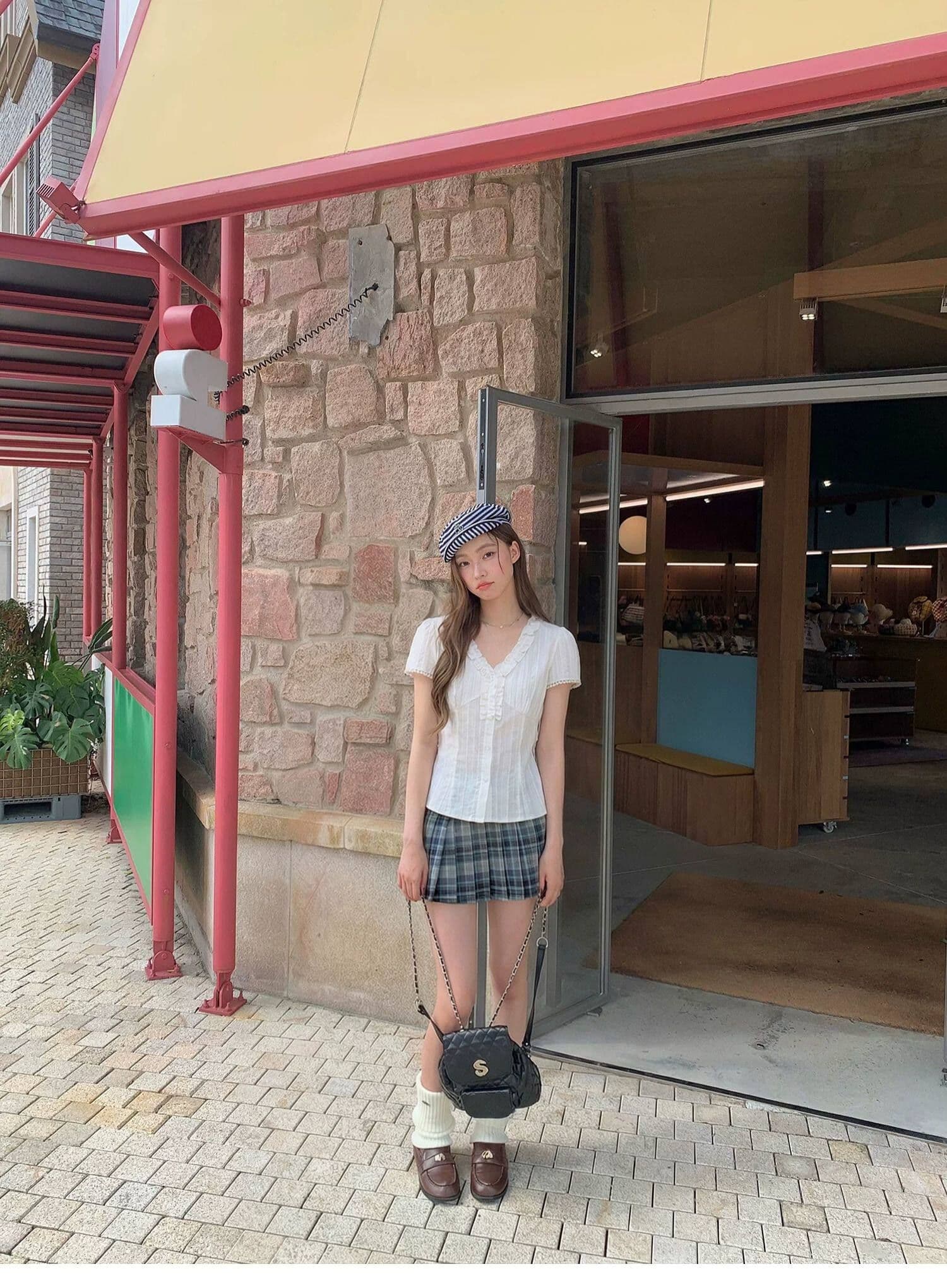 한 부서 자이언트 잘 생긴 프릴 화이트 V넥 반팔 여성 셔츠 여름 새로운 허리 수축 셔츠 맨위 상세 이미지 4