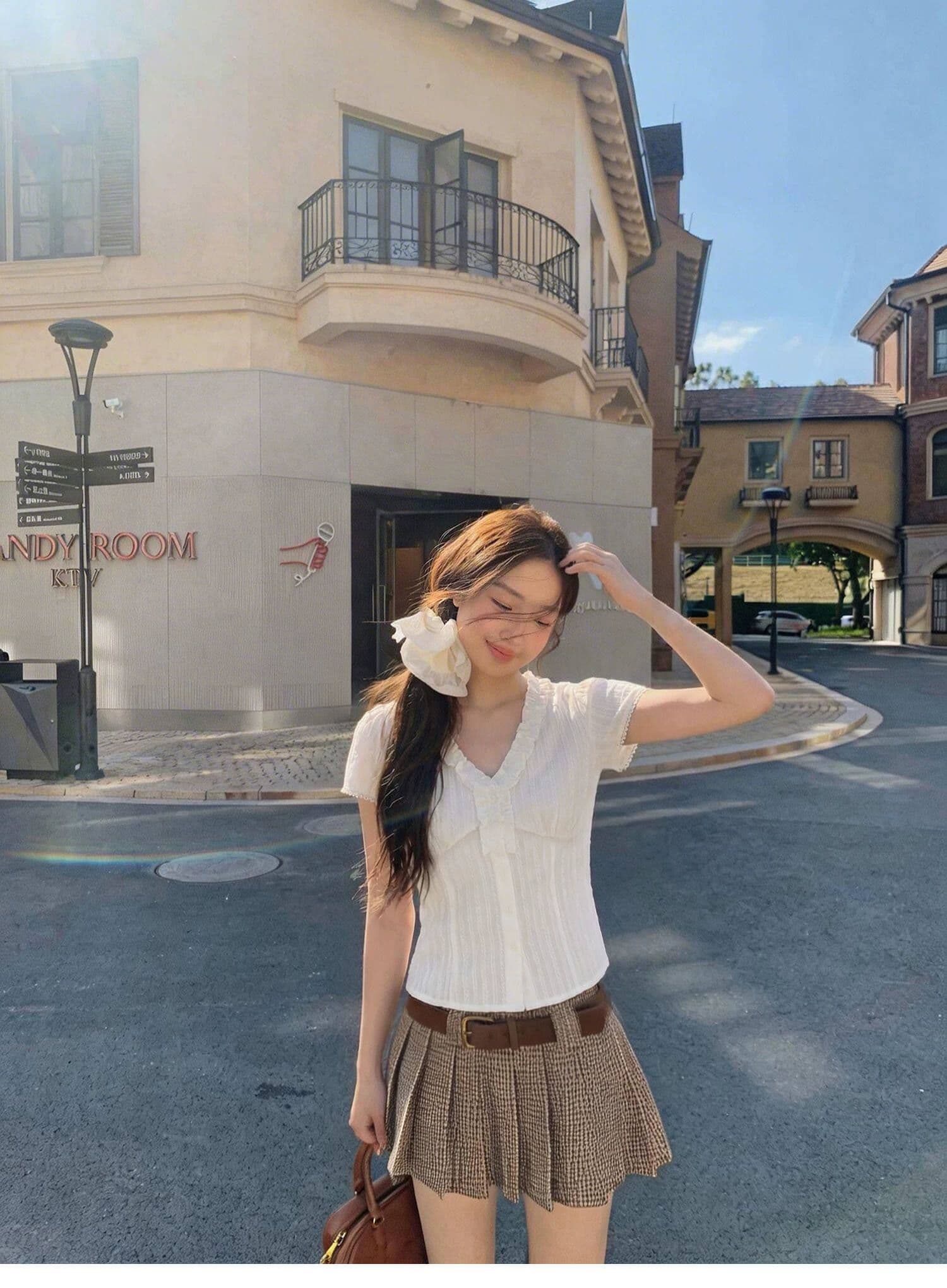한 부서 자이언트 잘 생긴 프릴 화이트 V넥 반팔 여성 셔츠 여름 새로운 허리 수축 셔츠 맨위 상세 이미지 5