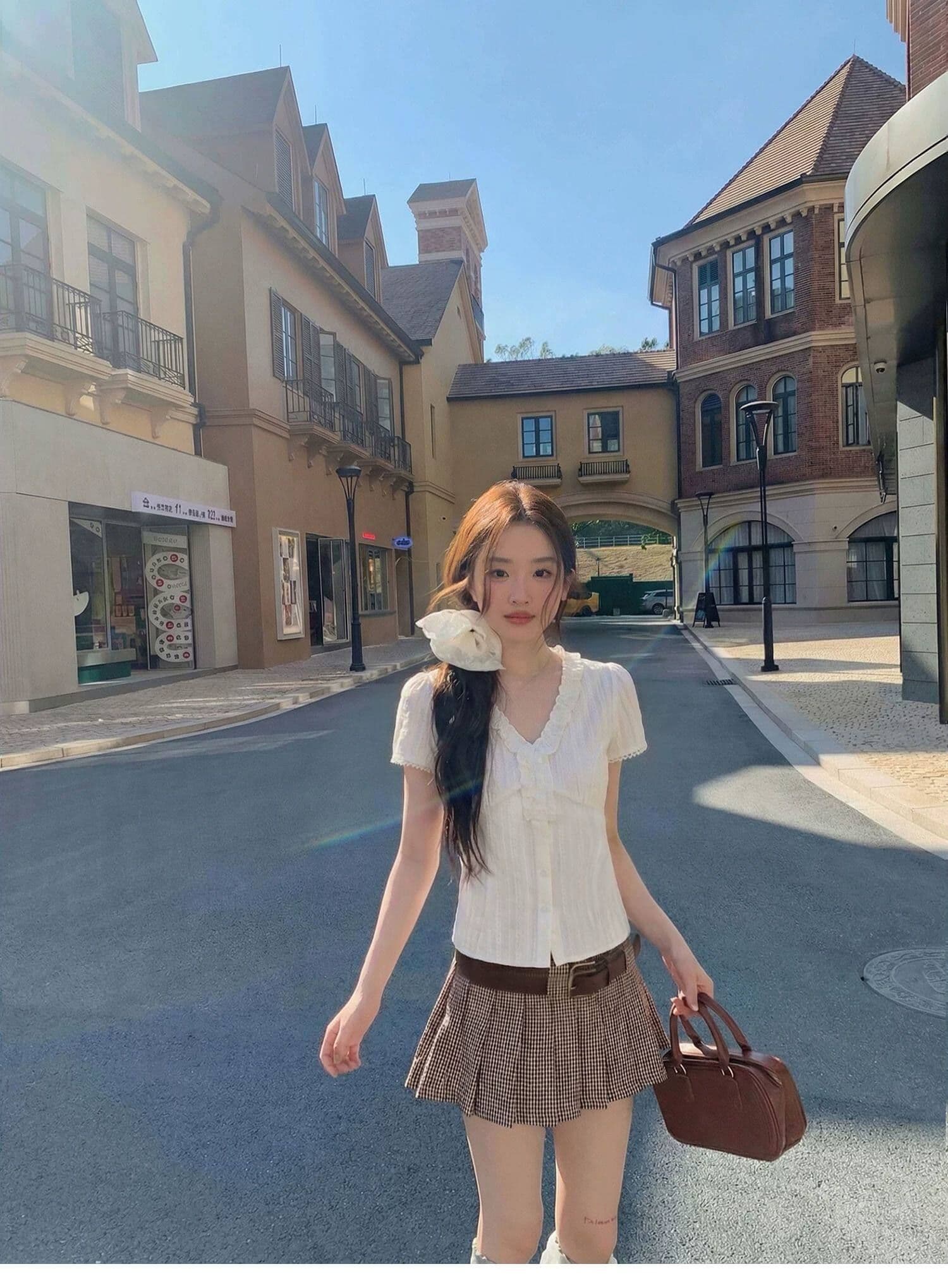 한 부서 자이언트 잘 생긴 프릴 화이트 V넥 반팔 여성 셔츠 여름 새로운 허리 수축 셔츠 맨위 상세 이미지 6