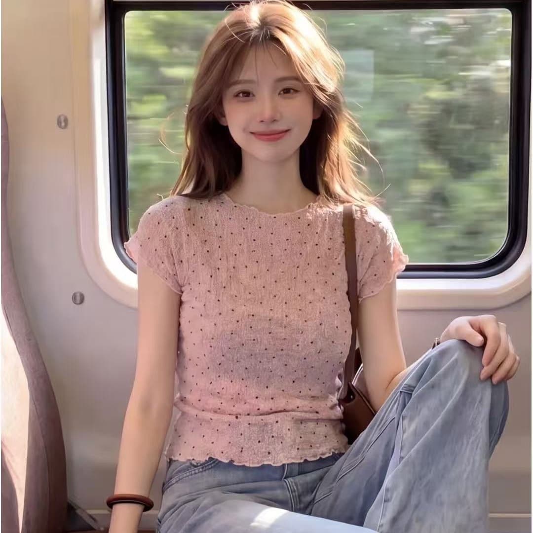 부드러운 한 부서 바람 핑크색 도트 무늬 반팔 니트 스웨터 여성 여름 느긋한 작은 대중 디자인 센스 출퇴근 슬림해 보이는 맨위 이미지 5