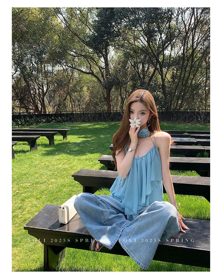 summer 휴가 디자인 센스 행침 목 슬립 맨위 여성 V넥 디자인 센스 쉬폰 블라우스