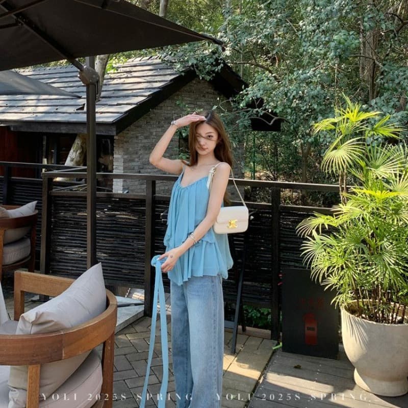 summer 휴가 디자인 센스 행침 목 슬립 맨위 여성 V넥 디자인 센스 쉬폰 블라우스 이미지 5