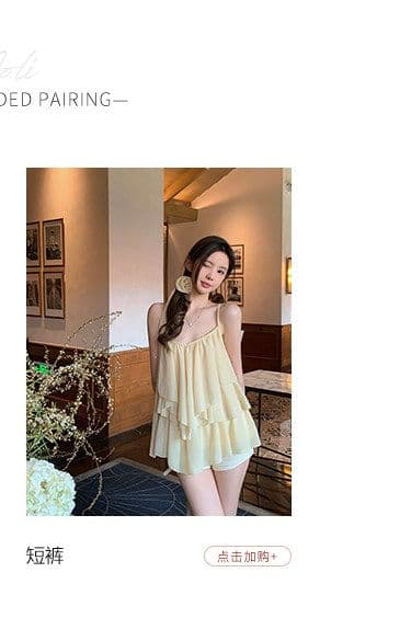 summer 휴가 디자인 센스 행침 목 슬립 맨위 여성 V넥 디자인 센스 쉬폰 블라우스 상세 이미지 5