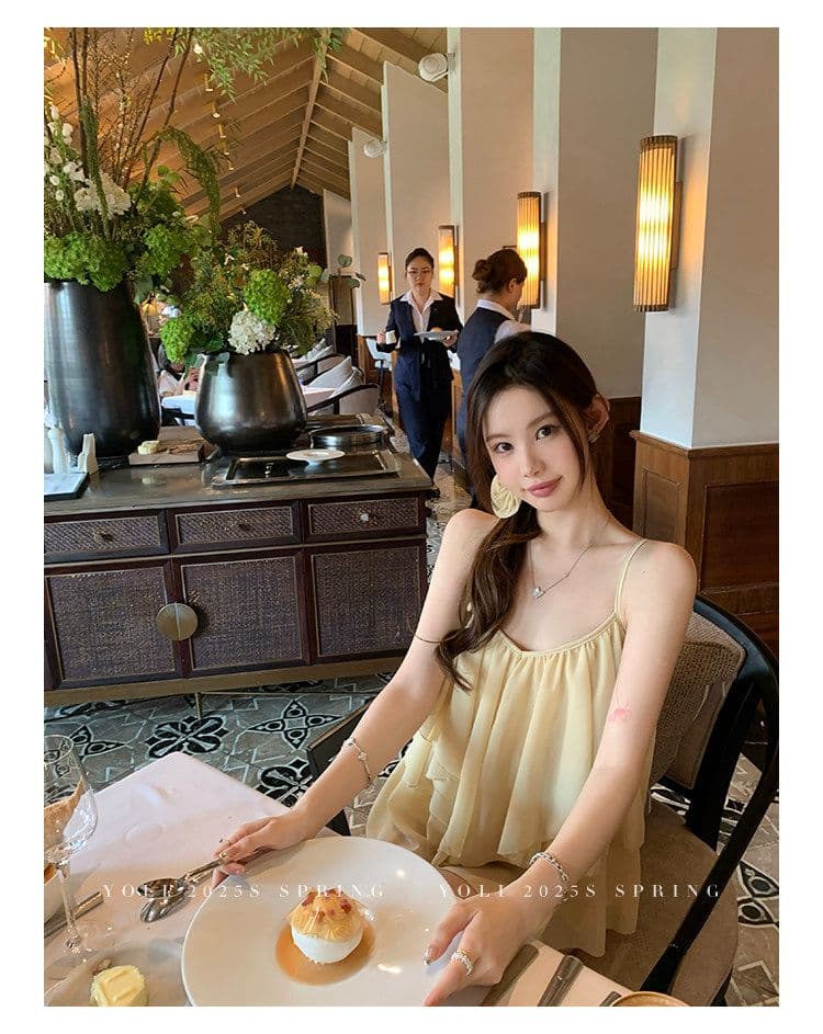 summer 휴가 디자인 센스 행침 목 슬립 맨위 여성 V넥 디자인 센스 쉬폰 블라우스 상세 이미지 11
