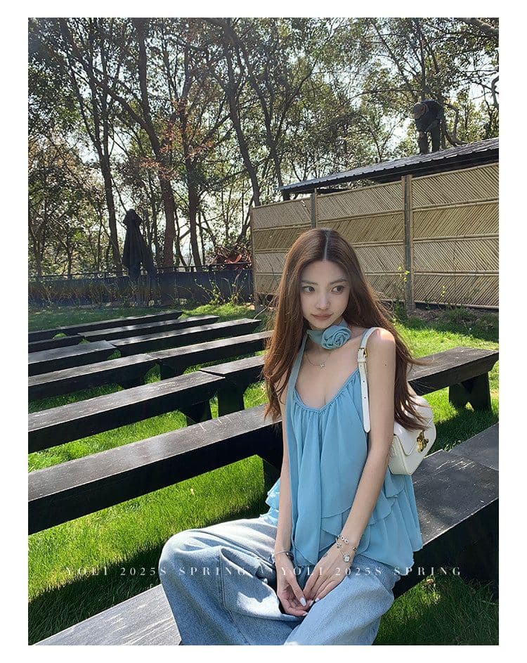 summer 휴가 디자인 센스 행침 목 슬립 맨위 여성 V넥 디자인 센스 쉬폰 블라우스 상세 이미지 21