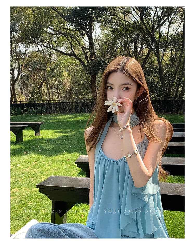 summer 휴가 디자인 센스 행침 목 슬립 맨위 여성 V넥 디자인 센스 쉬폰 블라우스 상세 이미지 23