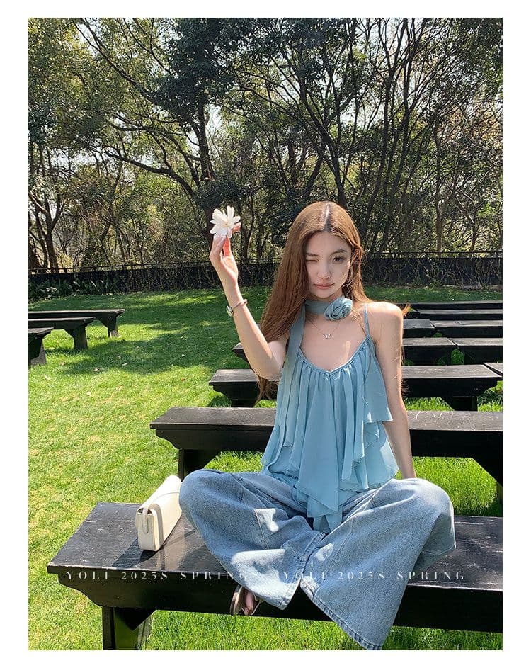 summer 휴가 디자인 센스 행침 목 슬립 맨위 여성 V넥 디자인 센스 쉬폰 블라우스 상세 이미지 25