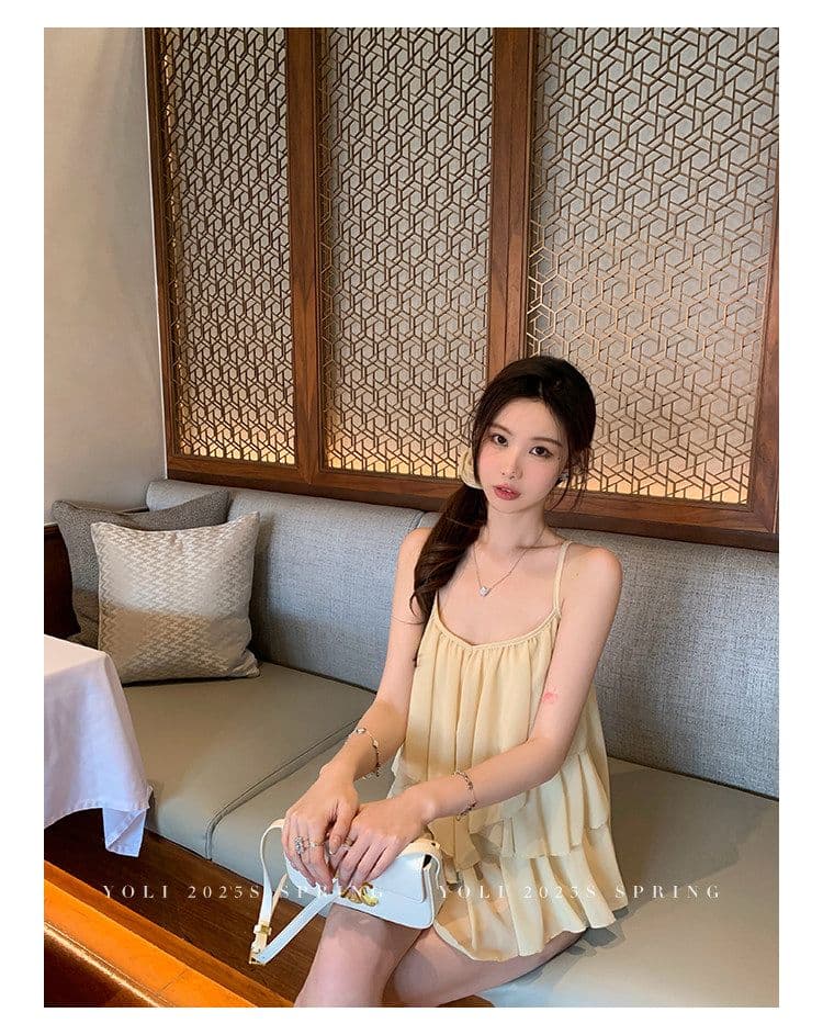 summer 휴가 디자인 센스 행침 목 슬립 맨위 여성 V넥 디자인 센스 쉬폰 블라우스 상세 이미지 28