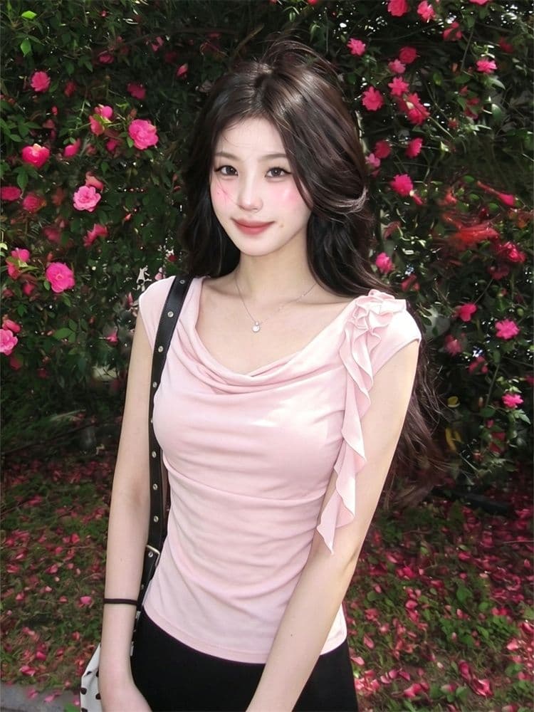 1 1 와 사고 방식 핫걸 바람 핑크색 흔들다 칼라 반팔 티셔츠 여성 여름 패치워크 몸매 가꾸기 슬림해 보이는 다용도 작은 대중 맨위