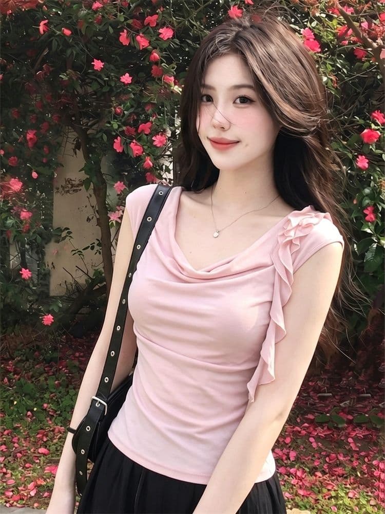 1 1 와 사고 방식 핫걸 바람 핑크색 흔들다 칼라 반팔 티셔츠 여성 여름 패치워크 몸매 가꾸기 슬림해 보이는 다용도 작은 대중 맨위 이미지 3