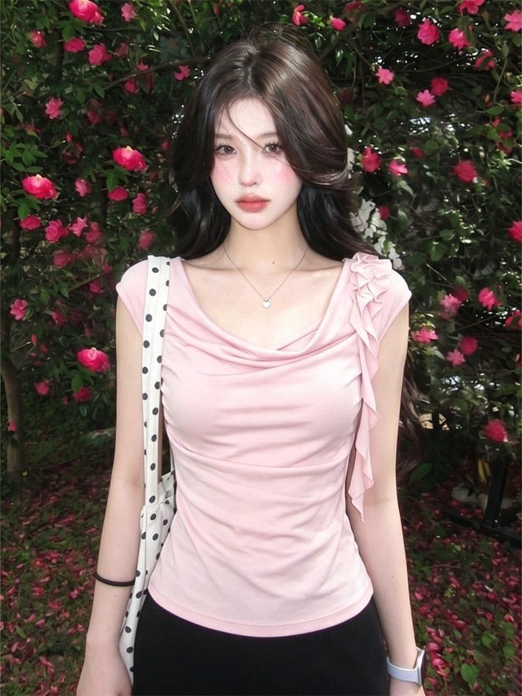 1 1 와 사고 방식 핫걸 바람 핑크색 흔들다 칼라 반팔 티셔츠 여성 여름 패치워크 몸매 가꾸기 슬림해 보이는 다용도 작은 대중 맨위 이미지 4
