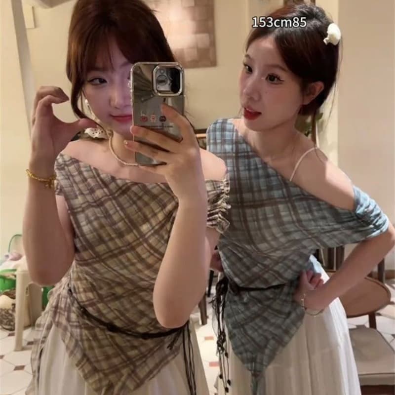 40d 메시 원단 달콤한 핫걸 불규칙 리본 디자인 센스 티셔츠 여성 여름 체크무늬 배색 벨트 포함 민소매 맨위 서비스 이미지 5