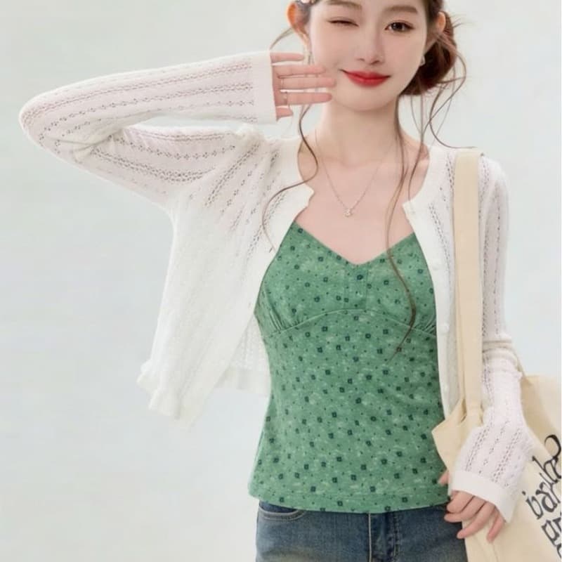 40d 메시 원단 한 부서 달콤함 핫걸 마이크로 ~을 통해 여성 여름 외부 가져 가라. V넥 꽃무늬 캐미솔 몸매 가꾸기 외출용 맨위 이미지 5