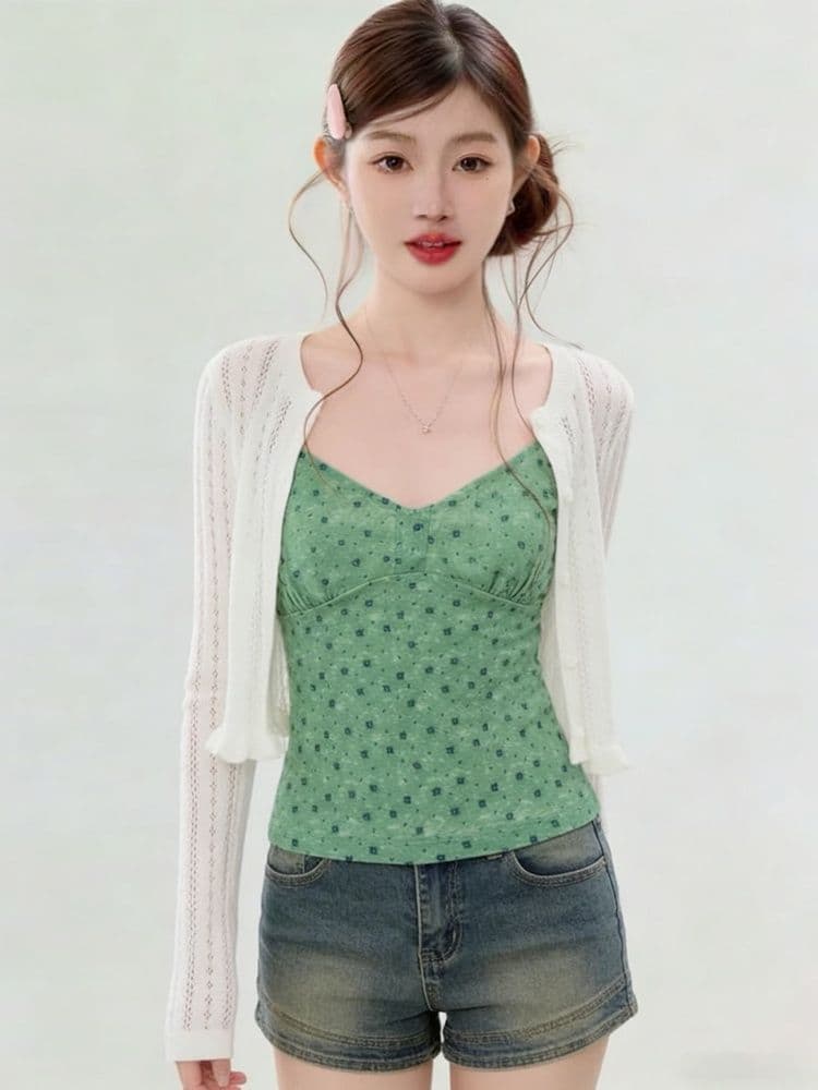 40d 메시 원단 한 부서 달콤함 핫걸 마이크로 ~을 통해 여성 여름 외부 가져 가라. V넥 꽃무늬 캐미솔 몸매 가꾸기 외출용 맨위 상세 이미지 1