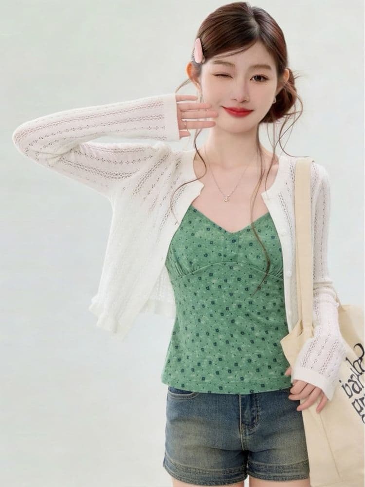 40d 메시 원단 한 부서 달콤함 핫걸 마이크로 ~을 통해 여성 여름 외부 가져 가라. V넥 꽃무늬 캐미솔 몸매 가꾸기 외출용 맨위 상세 이미지 4