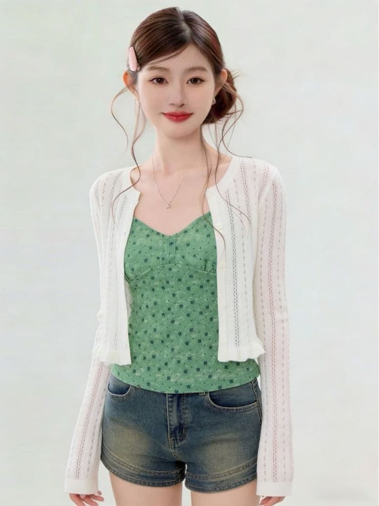 40d 메시 원단 한 부서 달콤함 핫걸 마이크로 ~을 통해 여성 여름 외부 가져 가라. V넥 꽃무늬 캐미솔 몸매 가꾸기 외출용 맨위 상세 이미지 5