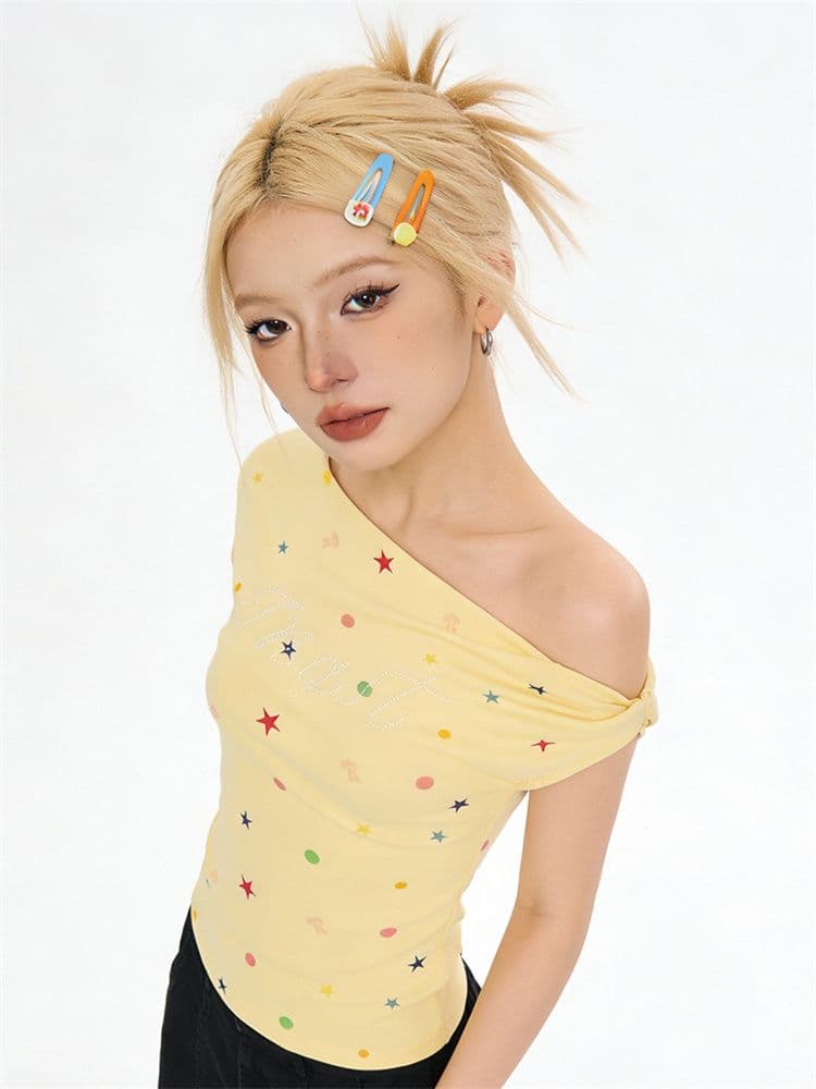 40 차가운 실크 코튼 한 부서 도파민 핫픽스 비스듬한 어깨 반팔 여성 여름 티셔츠 별 프린트 핫걸 몸매 가꾸기 맨위 이미지 4