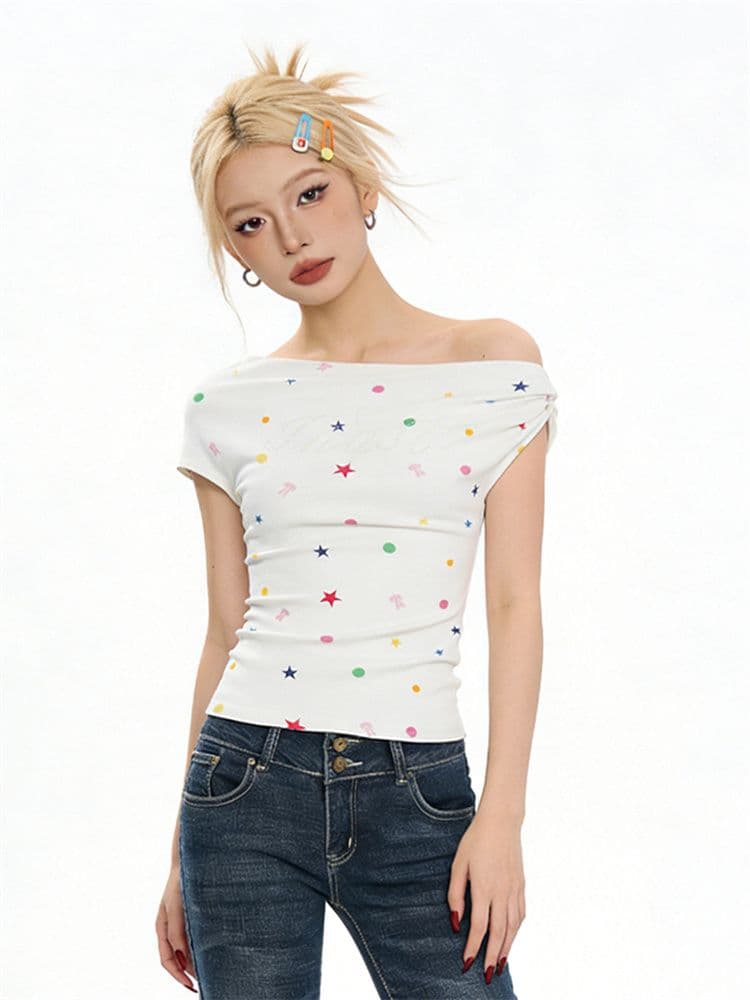 40 차가운 실크 코튼 한 부서 도파민 핫픽스 비스듬한 어깨 반팔 여성 여름 티셔츠 별 프린트 핫걸 몸매 가꾸기 맨위 상세 이미지 11