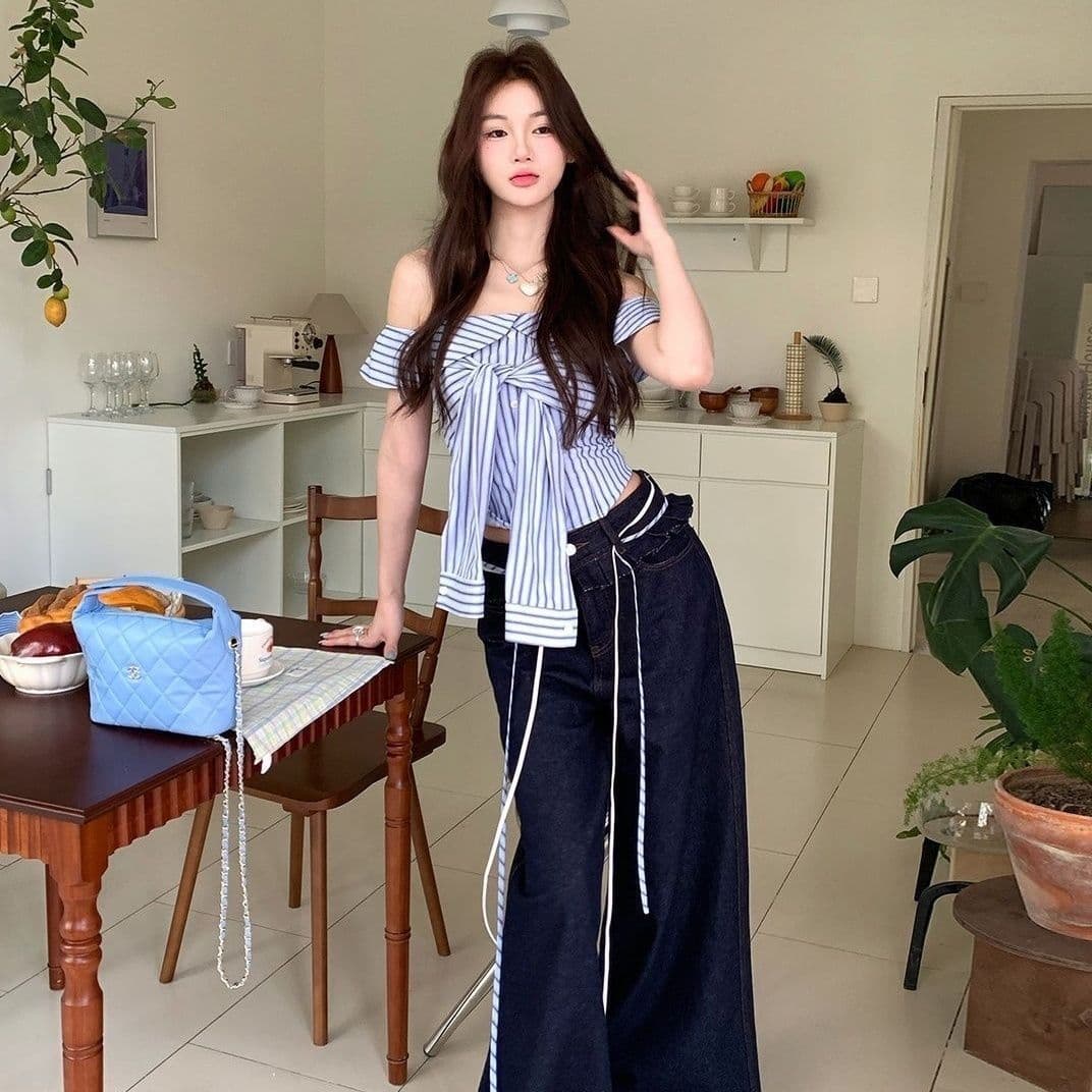 원본 것 순수한 욕망 달콤한 핫걸 오프숄더 파란색 스트라이프 여성 셔츠 디자인 스트랩 몸매 가꾸기 맨위 상세 이미지 8