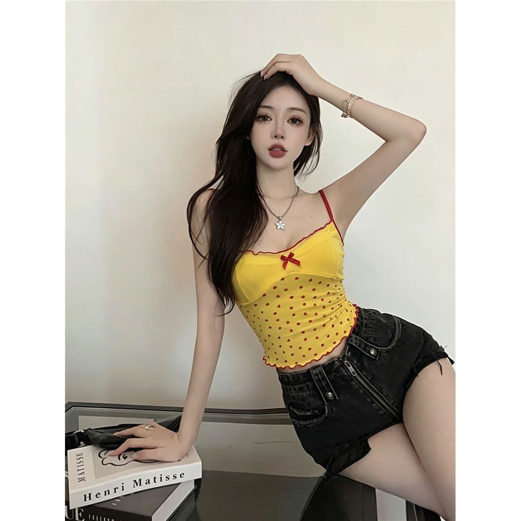여름 새로운 하트 프린트 패치워크 배색 조끼 귀여운 챠밍 섹시함 휴가 바람 망사 슬립 여성 이미지 3