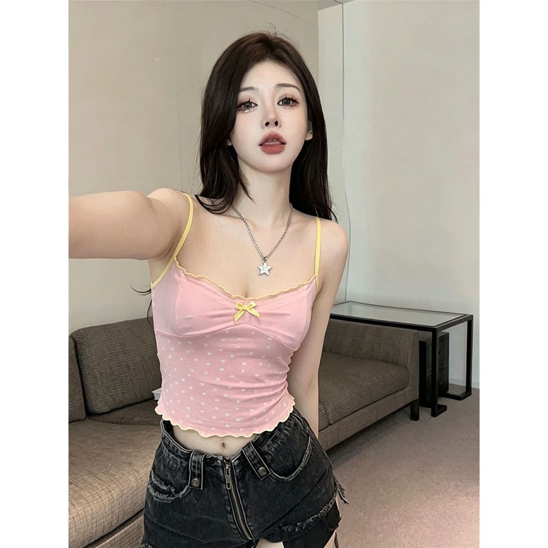 여름 새로운 하트 프린트 패치워크 배색 조끼 귀여운 챠밍 섹시함 휴가 바람 망사 슬립 여성