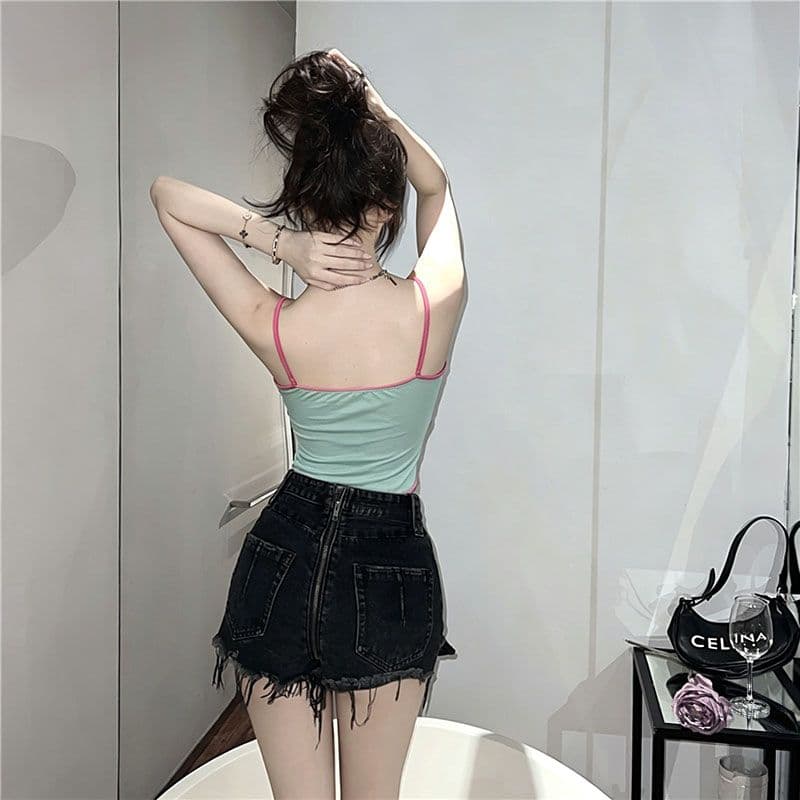 여름 새로운 하트 프린트 패치워크 배색 조끼 귀여운 챠밍 섹시함 휴가 바람 망사 슬립 여성 상세 이미지 3