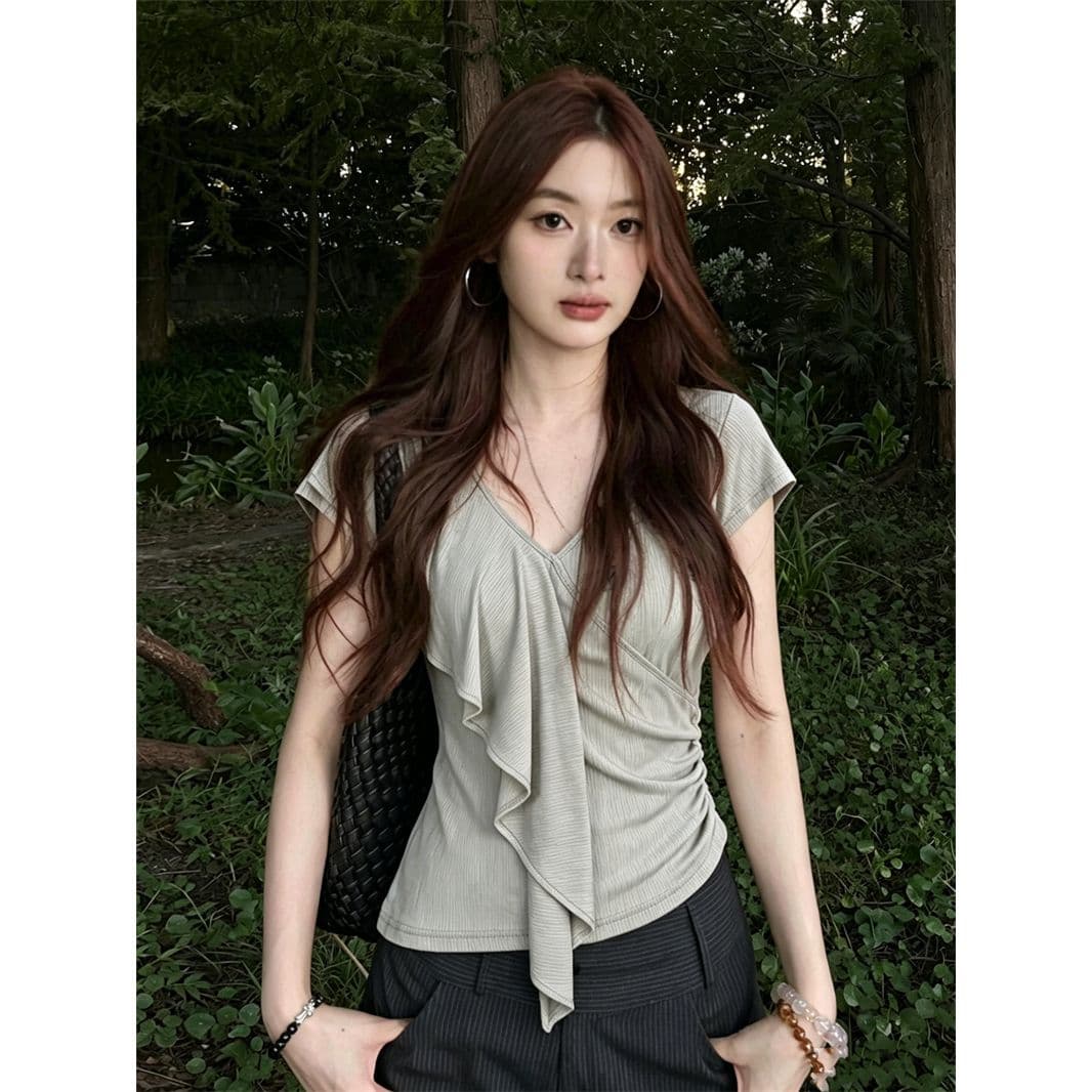 사람들 면 260 그램 디자인 V넥 프릴 반팔 티셔츠 여름 착용 가져 가라. 새로운 허리 수축 슬림해 보이는 맨위 이미지 3
