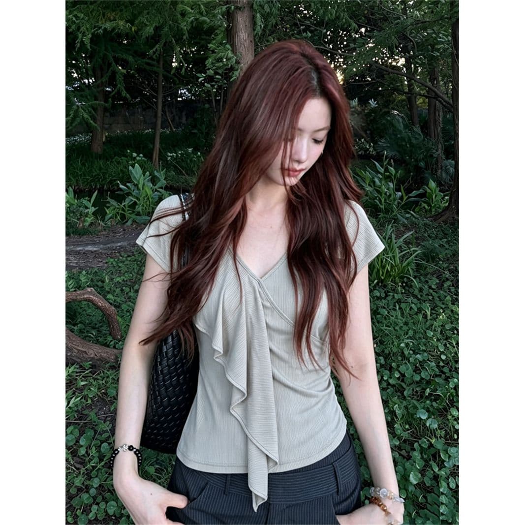 사람들 면 260 그램 디자인 V넥 프릴 반팔 티셔츠 여름 착용 가져 가라. 새로운 허리 수축 슬림해 보이는 맨위