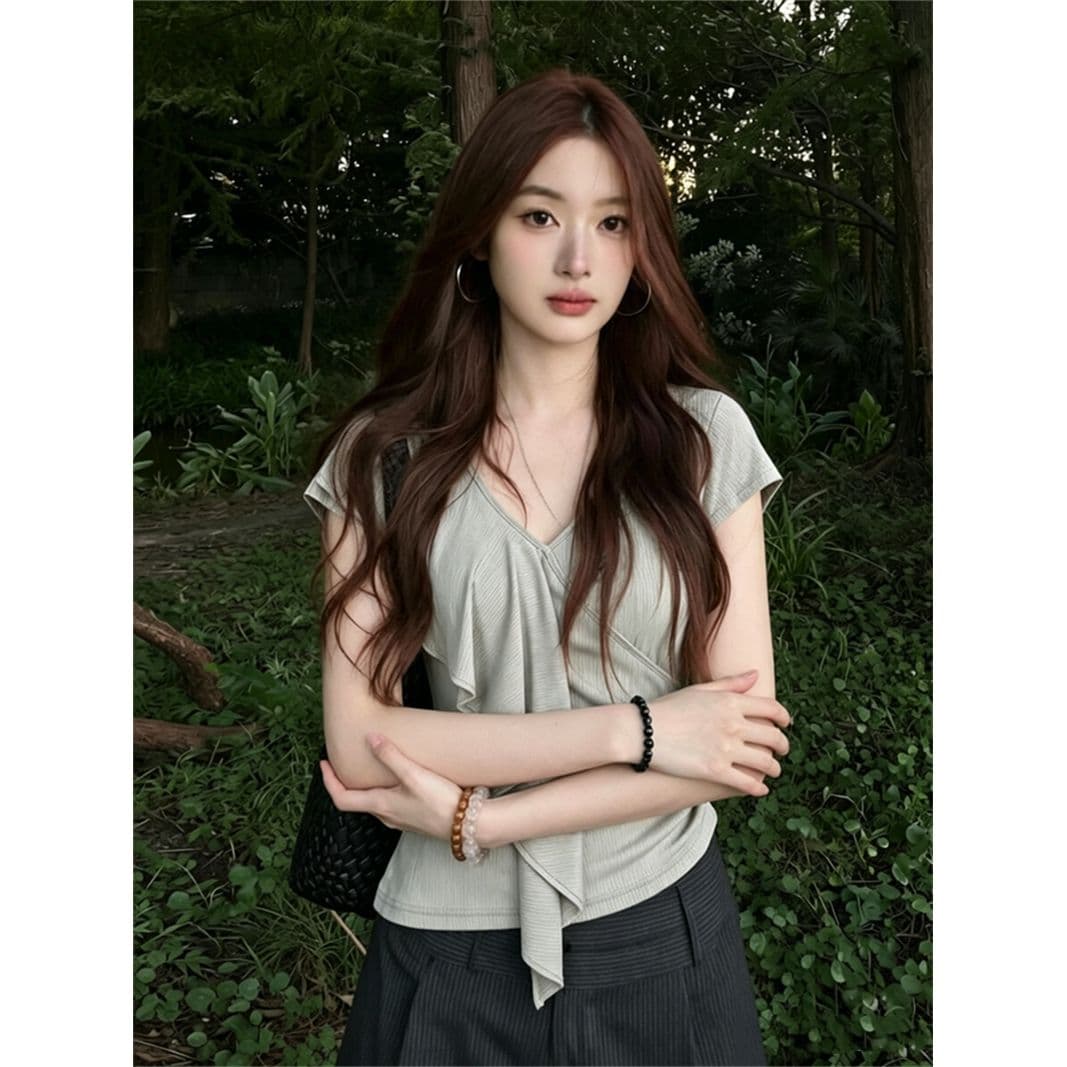 사람들 면 260 그램 디자인 V넥 프릴 반팔 티셔츠 여름 착용 가져 가라. 새로운 허리 수축 슬림해 보이는 맨위 이미지 4