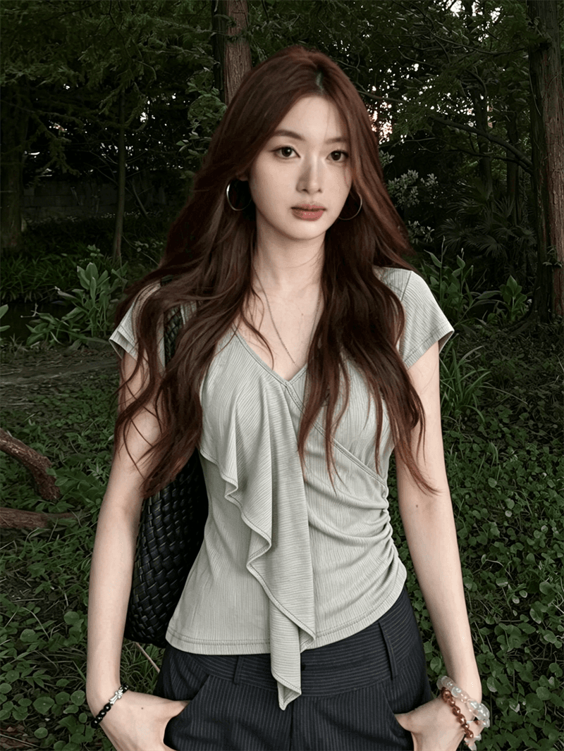 사람들 면 260 그램 디자인 V넥 프릴 반팔 티셔츠 여름 착용 가져 가라. 새로운 허리 수축 슬림해 보이는 맨위 상세 이미지 2