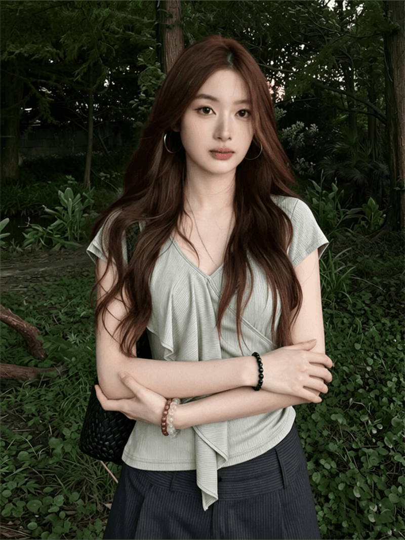 사람들 면 260 그램 디자인 V넥 프릴 반팔 티셔츠 여름 착용 가져 가라. 새로운 허리 수축 슬림해 보이는 맨위 상세 이미지 3