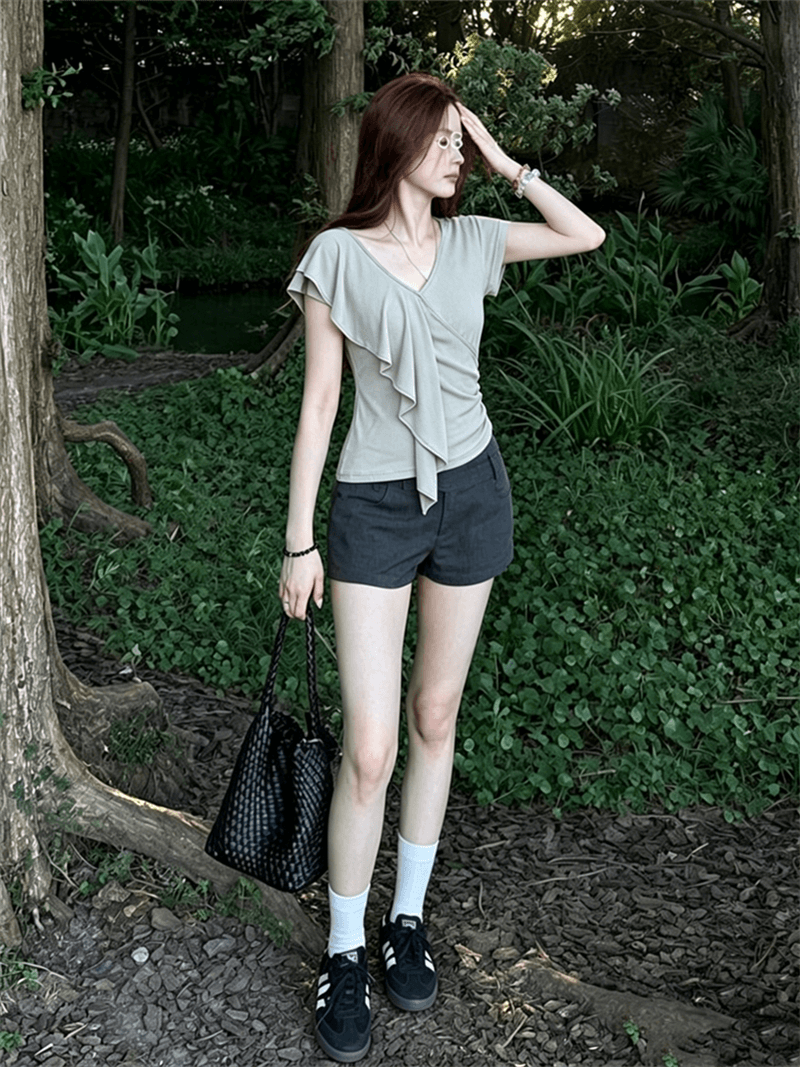 사람들 면 260 그램 디자인 V넥 프릴 반팔 티셔츠 여름 착용 가져 가라. 새로운 허리 수축 슬림해 보이는 맨위 상세 이미지 11