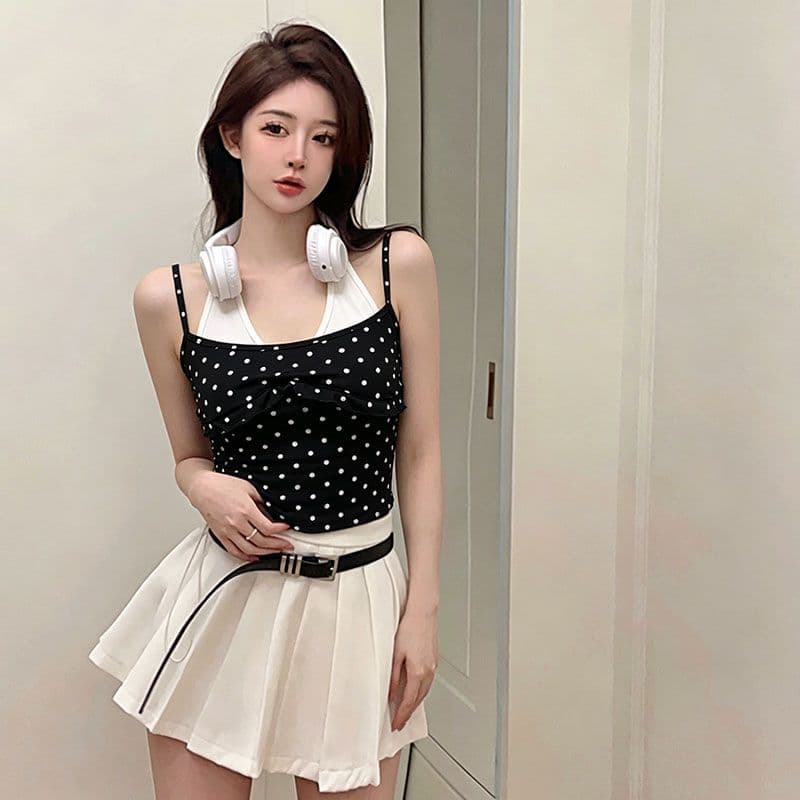한 부서 달콤한 핫걸 바람 행침 목 도트 무늬 캐미솔 여름 패치워크 페이크 레이어드 민소매 짧은 맨위 상세 이미지 13